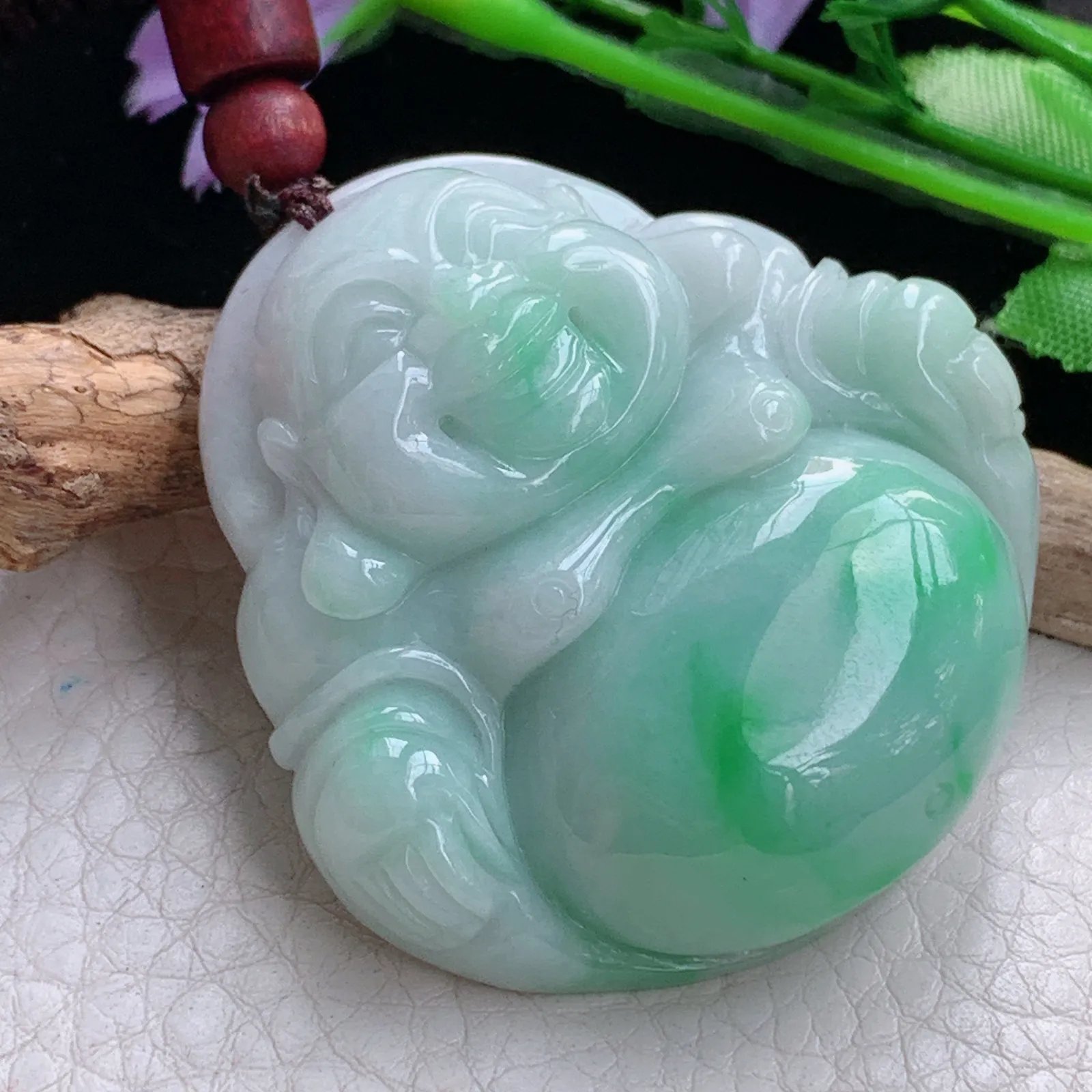 zen实拍49*48*12.5缅甸翡翠精美飘绿大佛公 弥勒佛玉项坠 毛衣坠