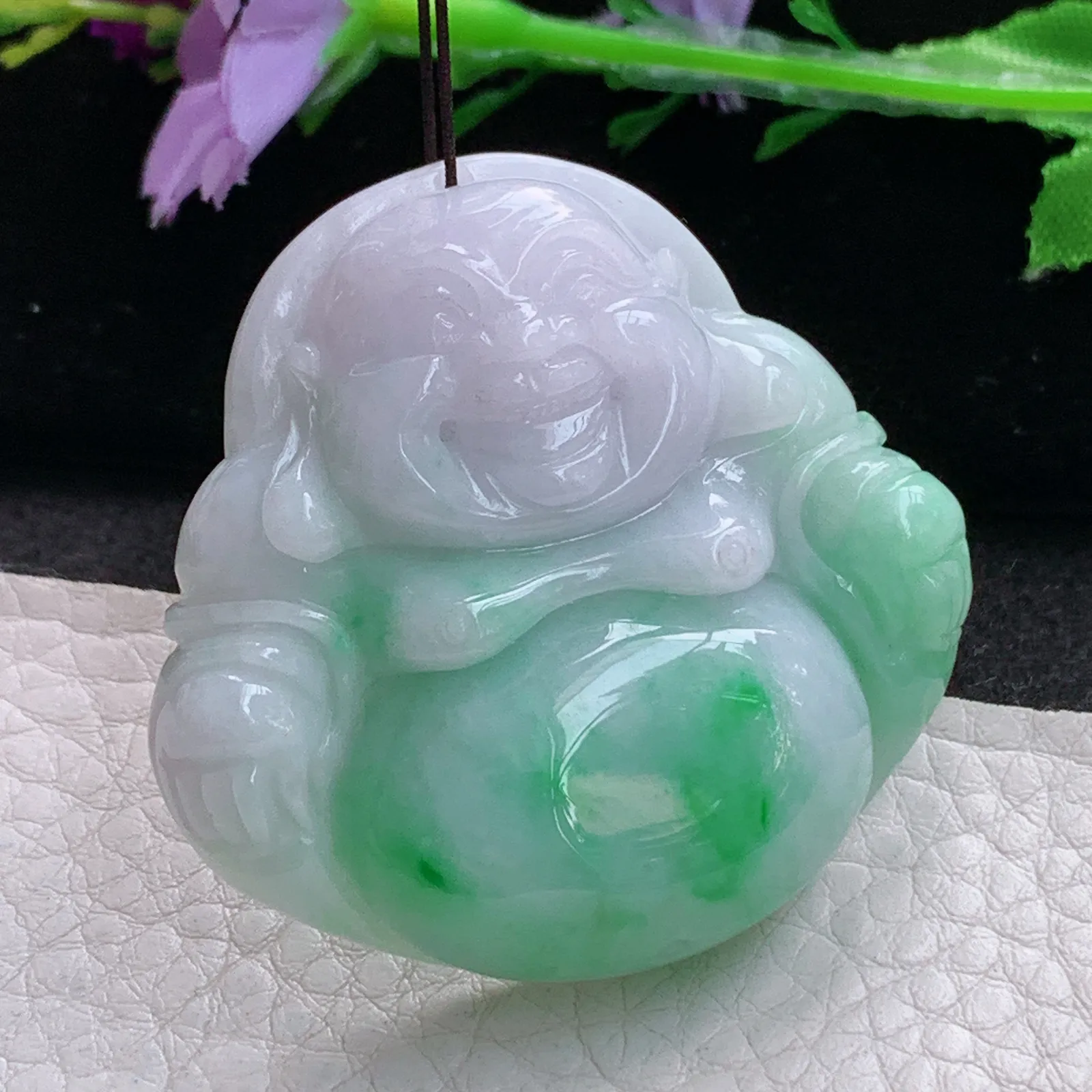 zen实拍45.3*47*12缅甸翡翠精美春带彩大佛公 弥勒佛玉项坠 玉挂件