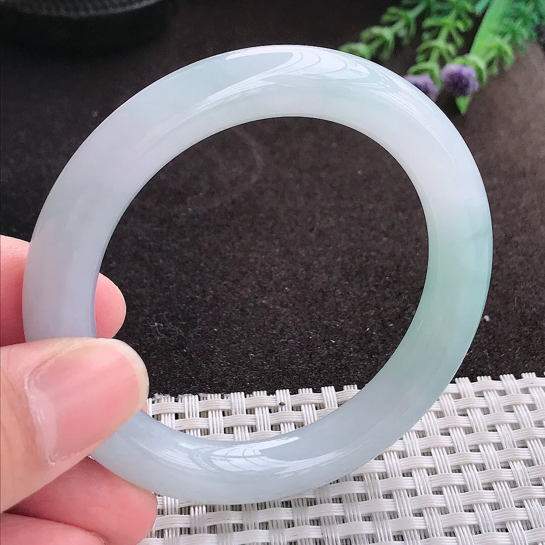 实拍A货翡翠54/10.1/10老坑冰胶果冻飘花圆条手镯翡翠玉镯子平安镯