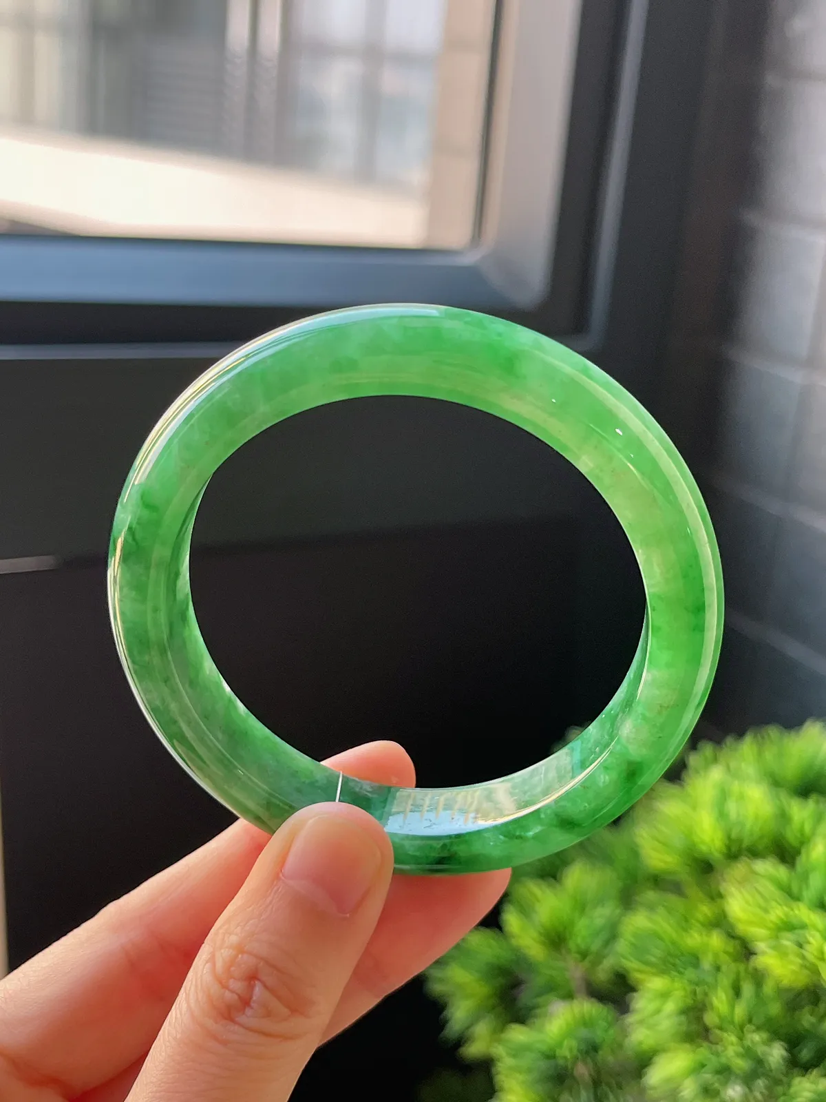 正圈56.3圈口，翡翠糯化种满绿手镯