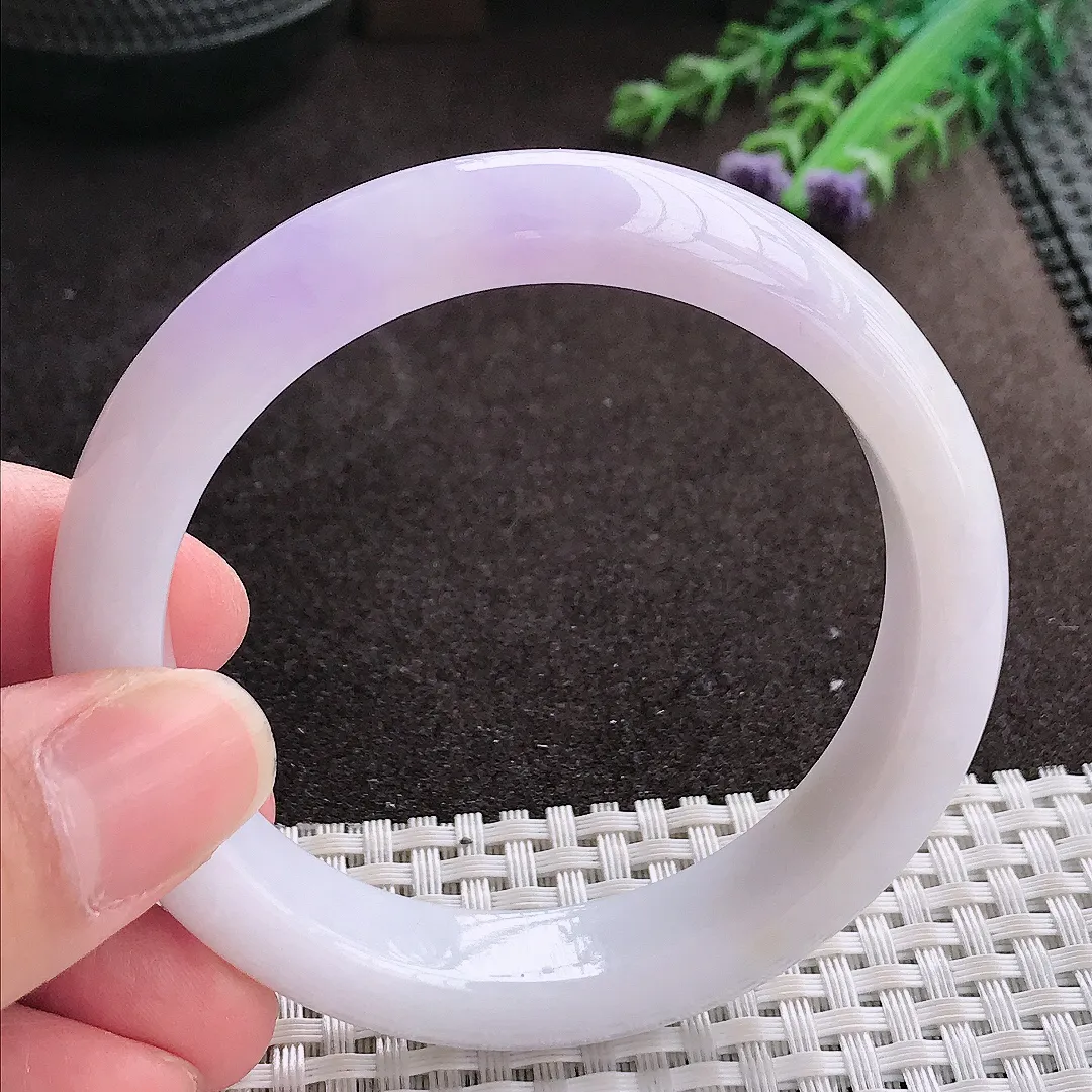 实拍A货翡翠55.5/12.4/8.6老坑秀气紫罗兰手镯翡翠玉镯子平安镯