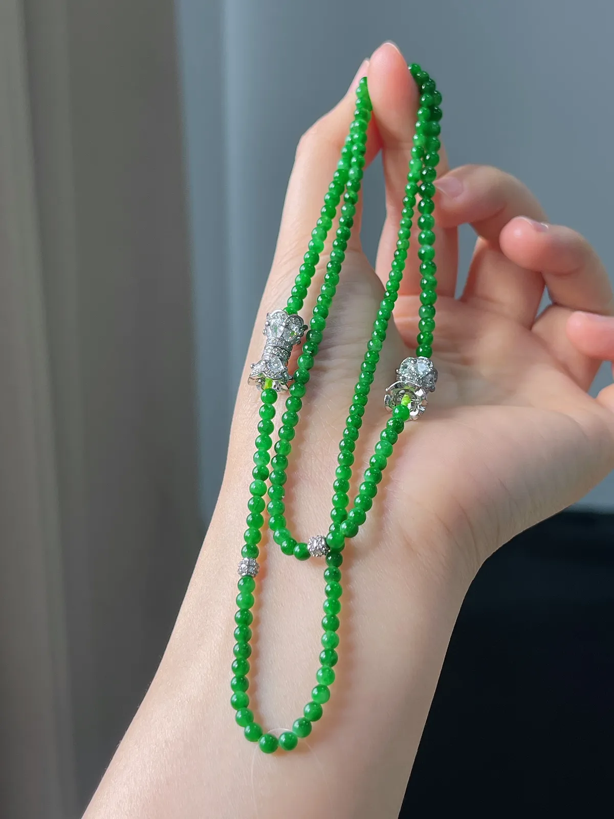 翡翠满绿小米珠项链+手链，两件套