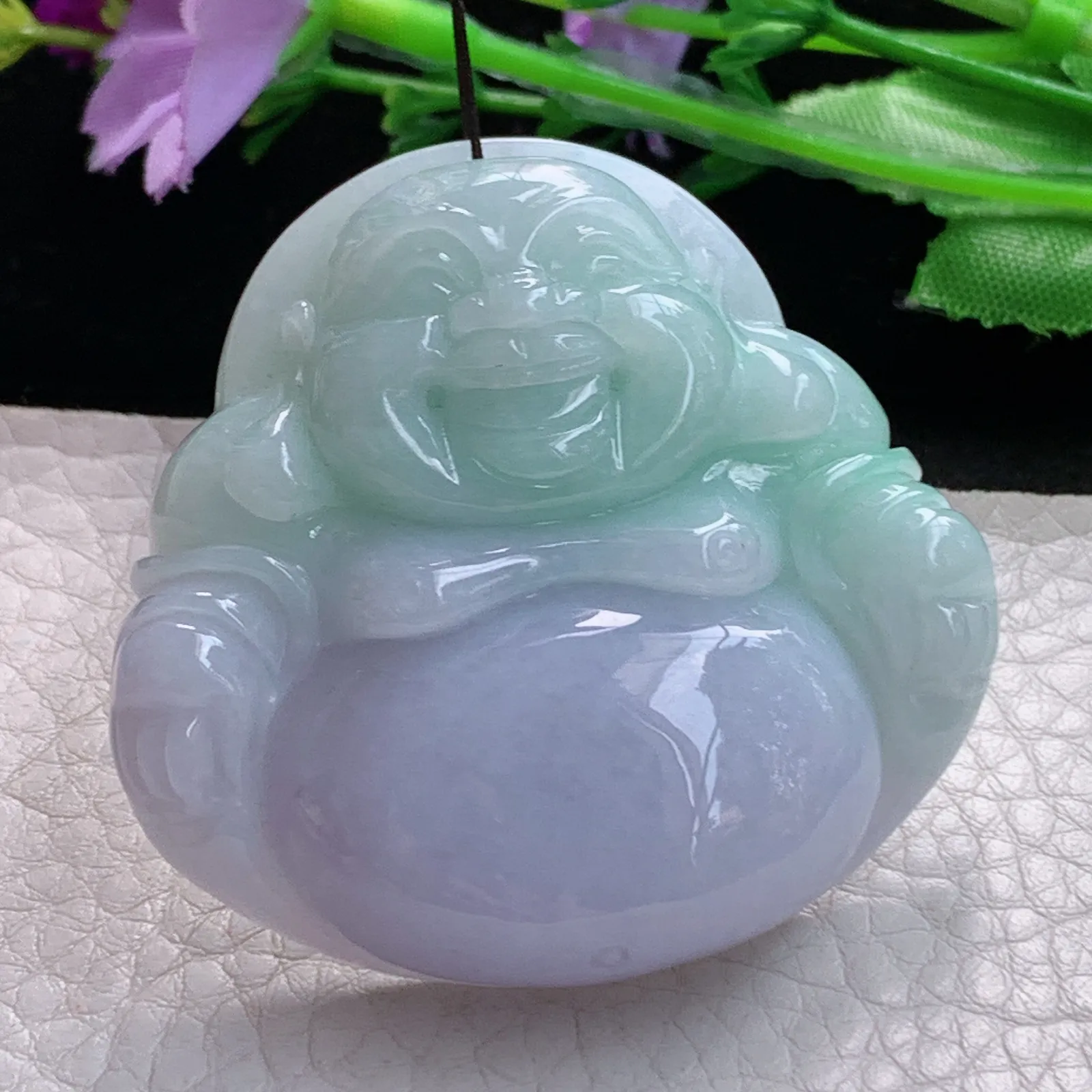 zen实拍49*50.8*13缅甸翡翠精美春带彩大佛公 弥勒佛玉项坠 毛衣坠