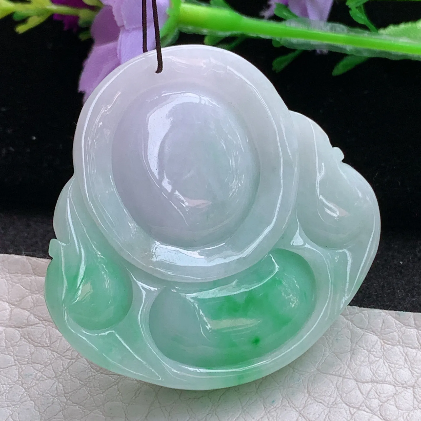 zen实拍45.3*47*12缅甸翡翠精美春带彩大佛公 弥勒佛玉项坠 玉挂件