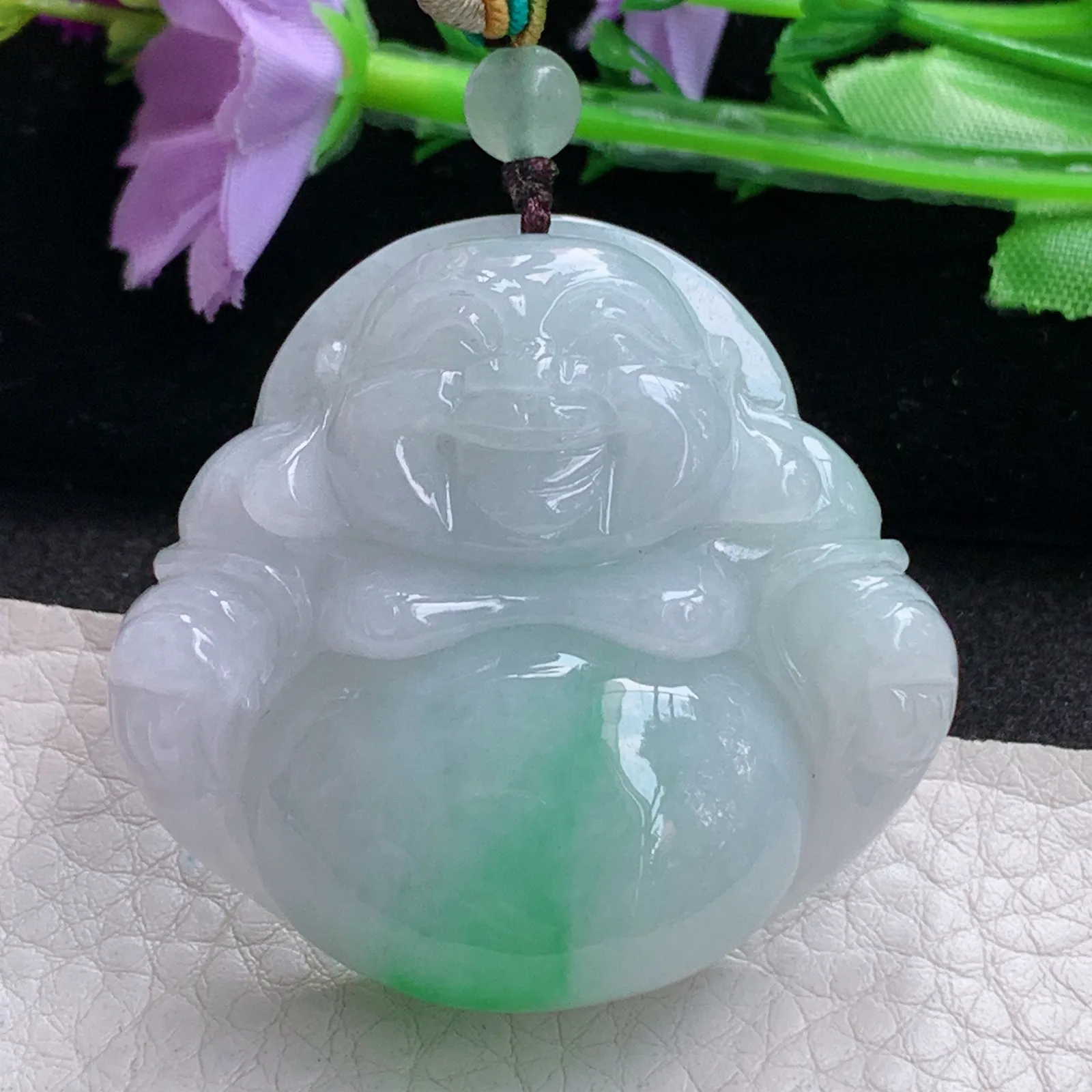 zen实拍39*41.5*13缅甸翡翠精雕白底青佛公 弥勒佛玉项坠 玉挂件