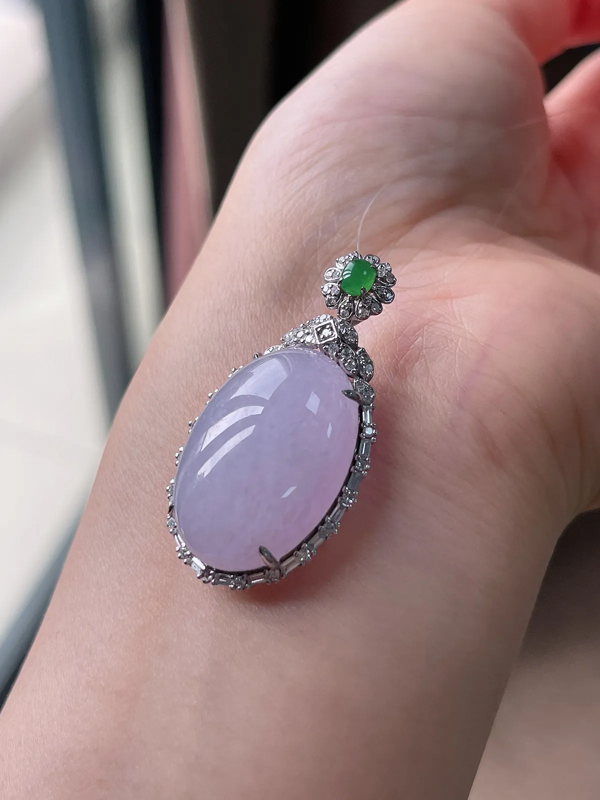 18k金翡翠糯化种紫色戒面吊坠