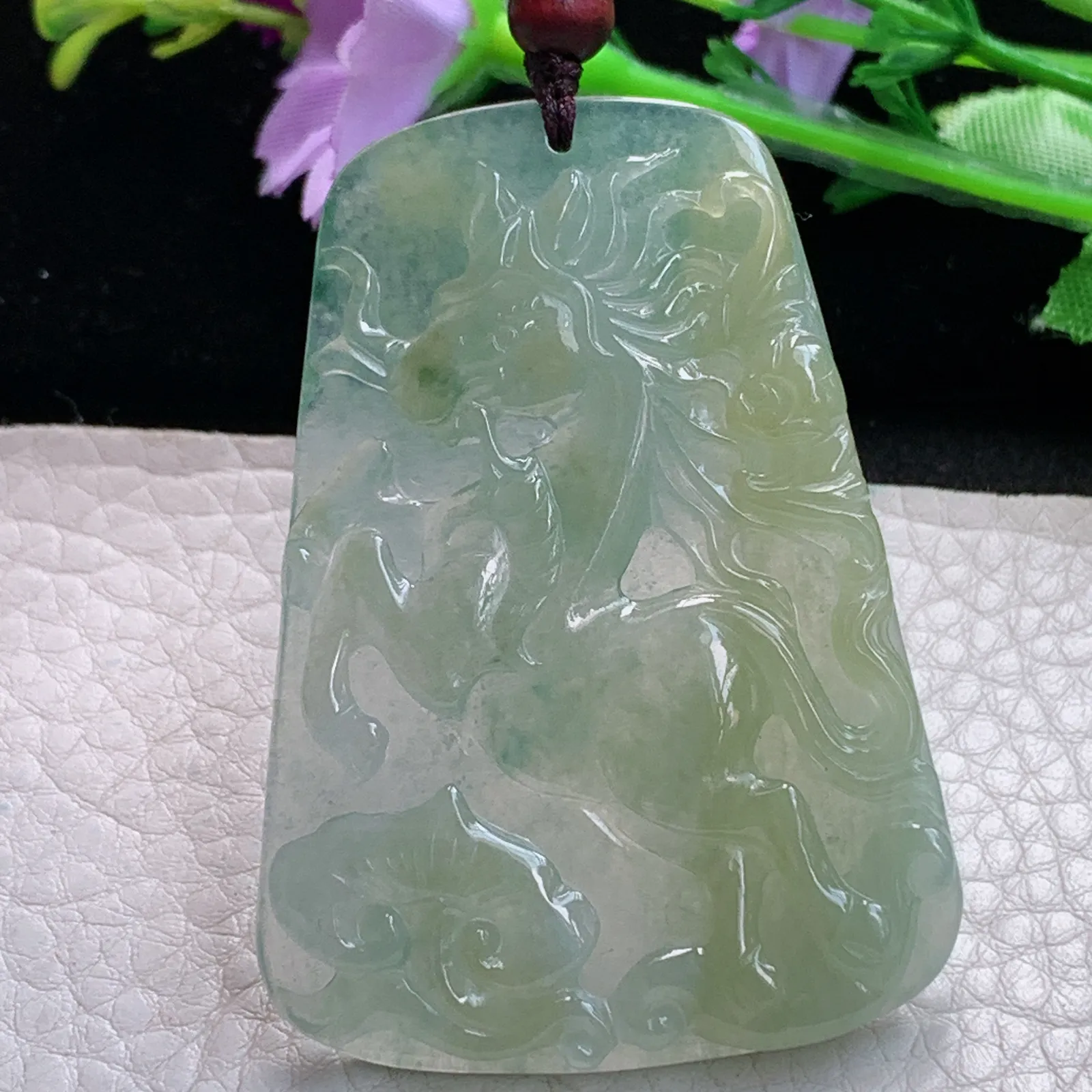 zen实拍57*41*6缅甸翡翠精美冰黄生肖马 飞马玉项坠 玉挂件