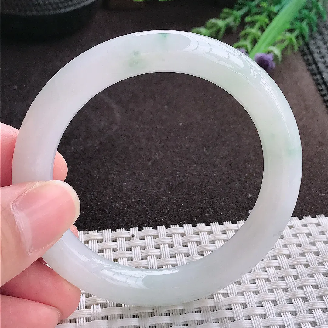 实拍A货翡翠53.6/9.5/9.7老坑冰润水灵飘花圆条手镯翡翠玉镯子平安镯