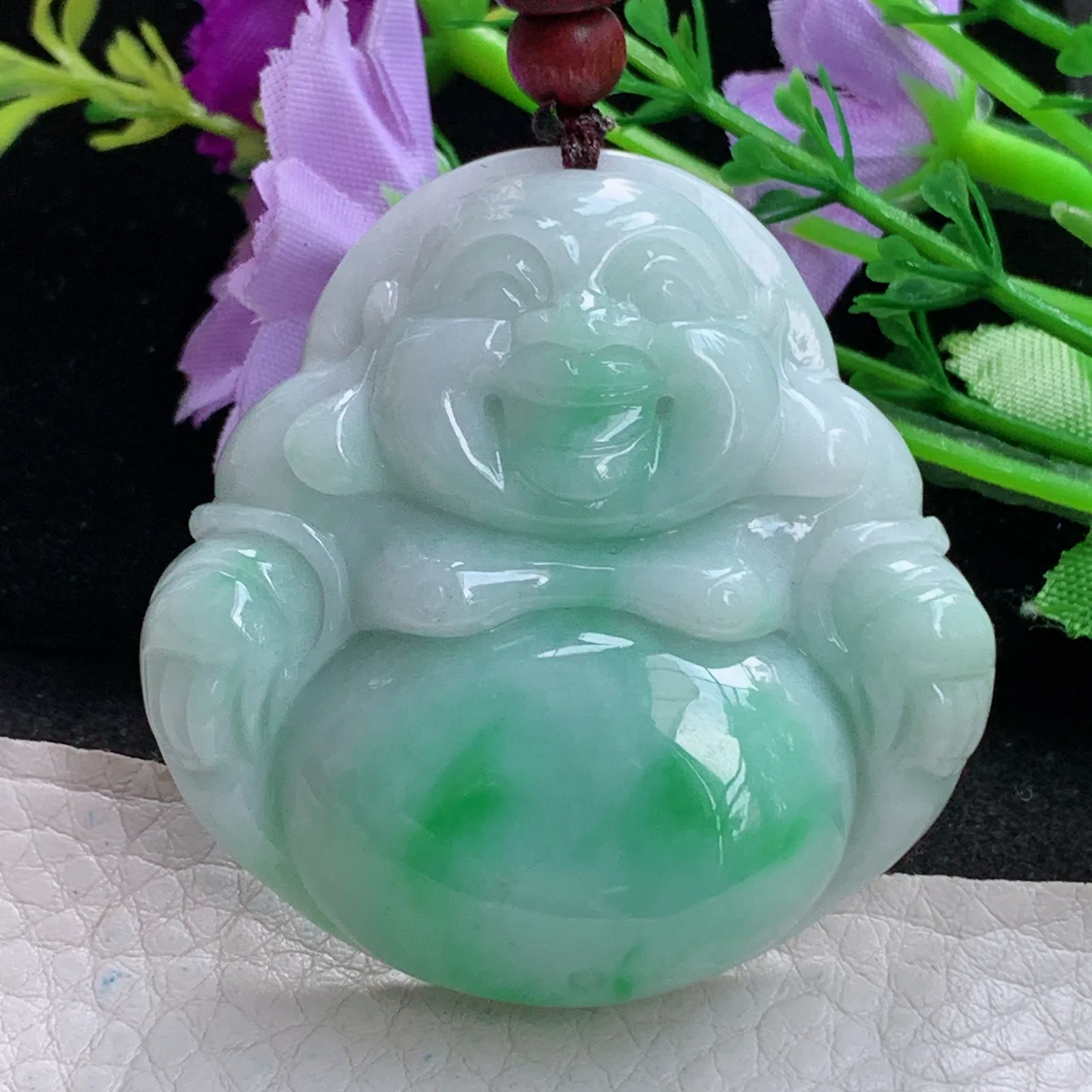 zen实拍49*48*12.5缅甸翡翠精美飘绿大佛公 弥勒佛玉项坠 毛衣坠