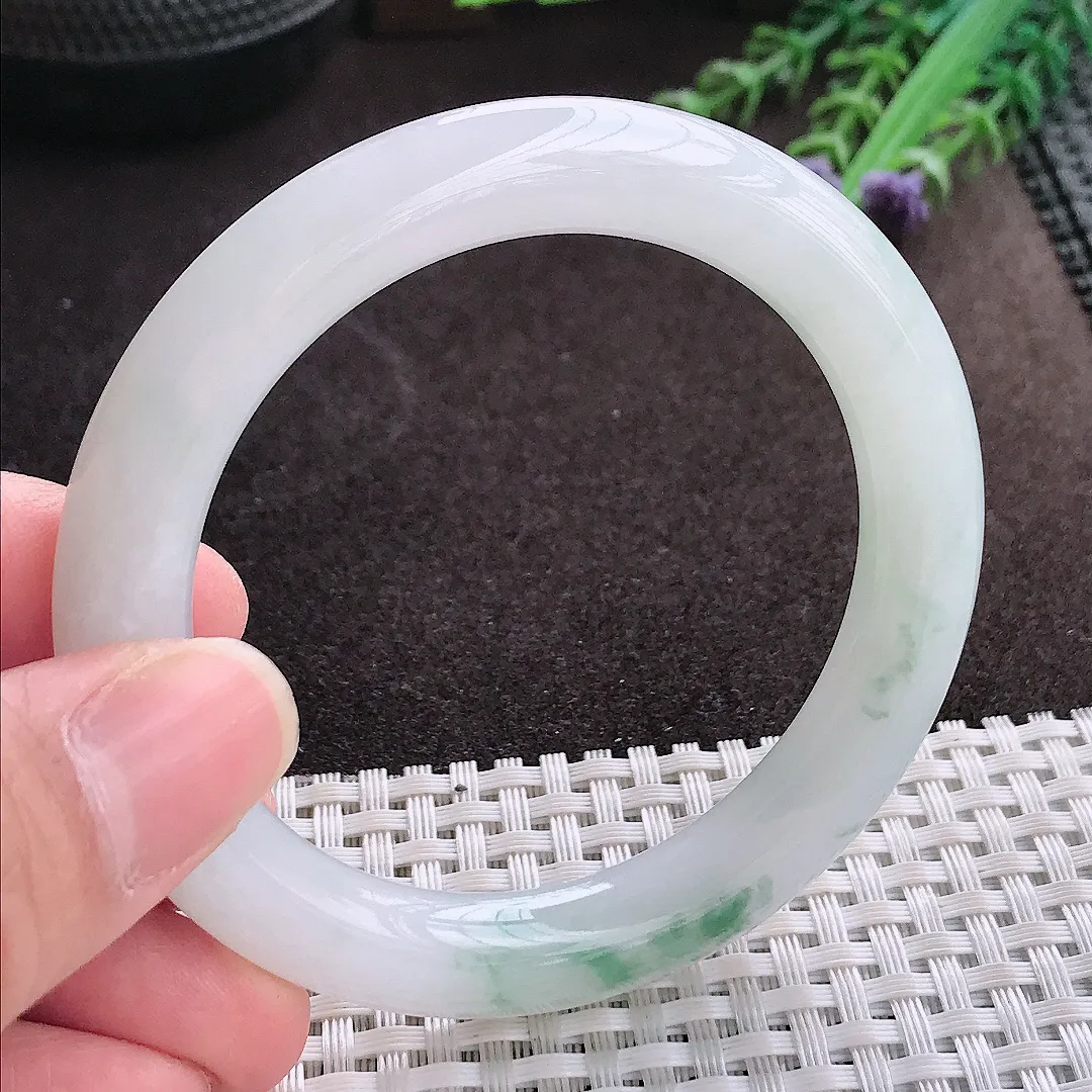 实拍A货翡翠53.6/9.5/9.7老坑冰润水灵飘花圆条手镯翡翠玉镯子平安镯