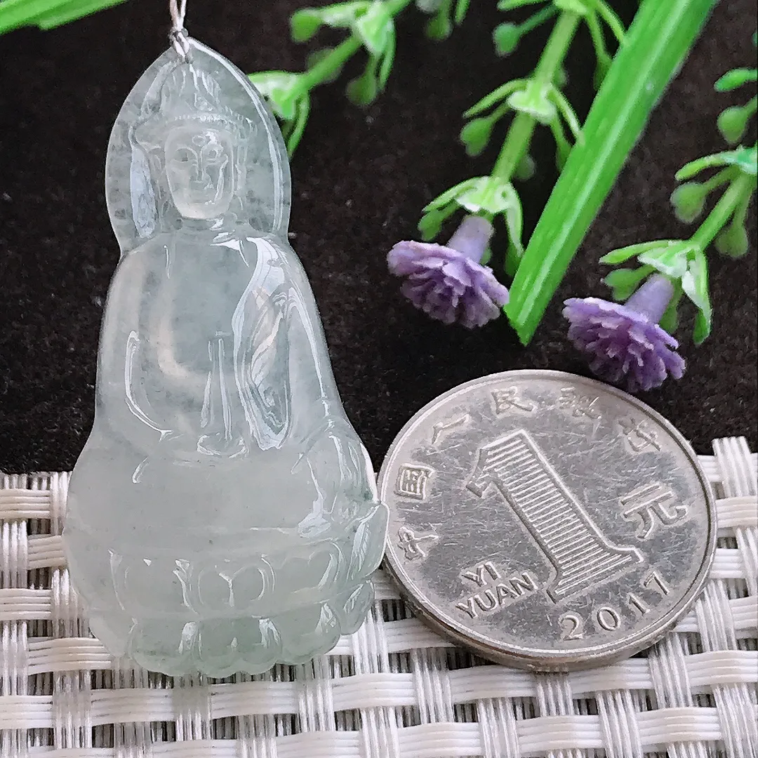 实拍A货翡翠44/22.5/5.5老坑冰种起胶冰晴素衣观音吊坠翡翠玉牌挂件