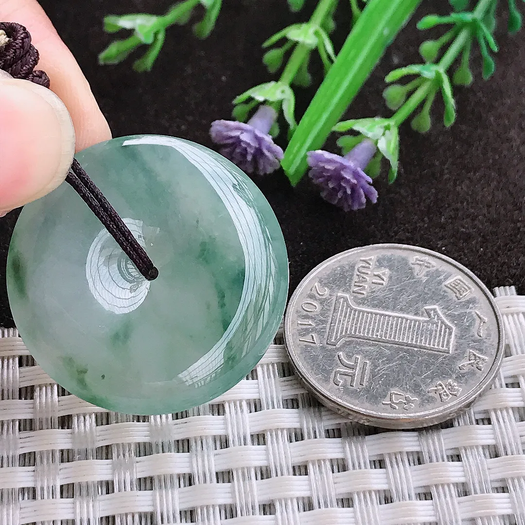 实拍A货翡翠29.9/5.5老坑冰胶果冻冰飘花平安扣吊坠翡翠玉扣挂件