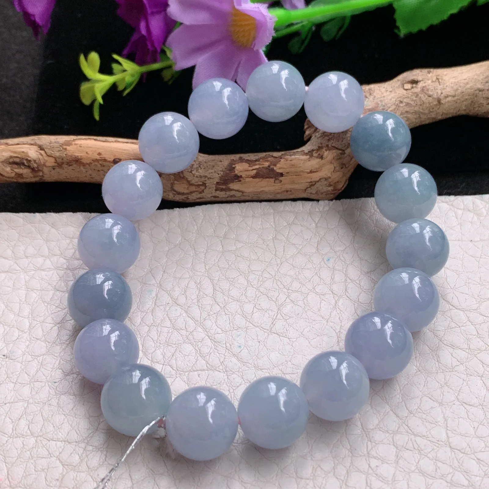 qxm实拍11.6mm缅甸翡翠精雕冰紫高雅圆珠玉手链 玉手串