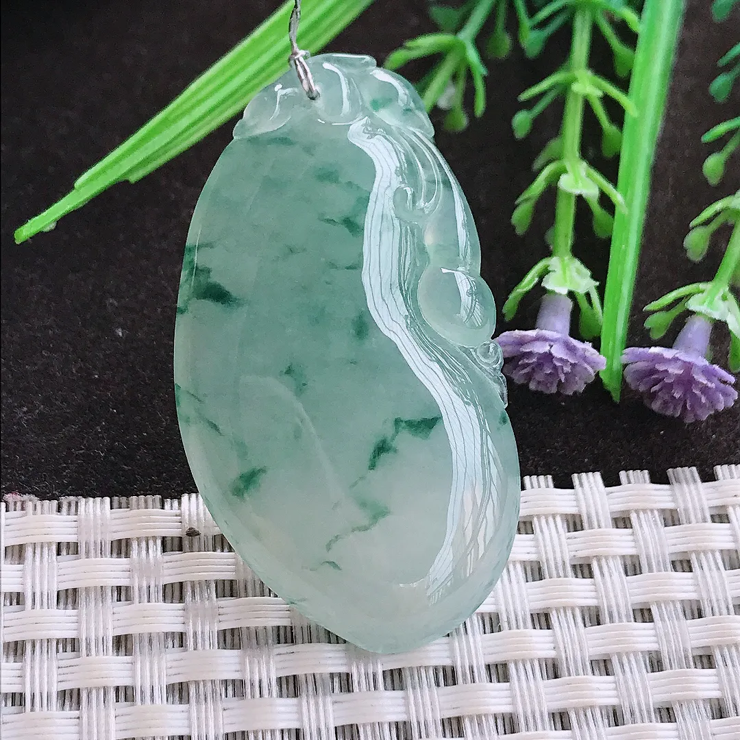 实拍A货翡翠47.5/26/6.4老坑冰胶果冻冰飘花福瓜吊坠翡翠玉牌挂件