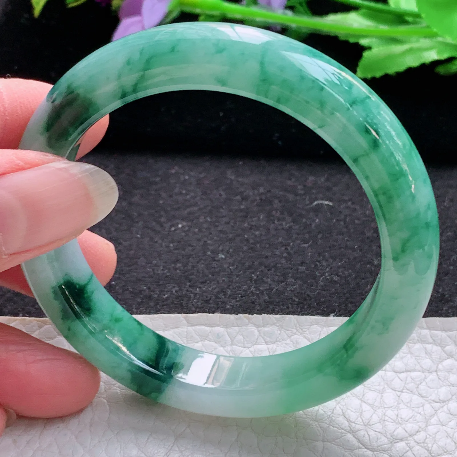 xo实拍55*11.8*8.5平安镯 缅甸翡翠a货玉手镯冰胶飘花宽边玉手环