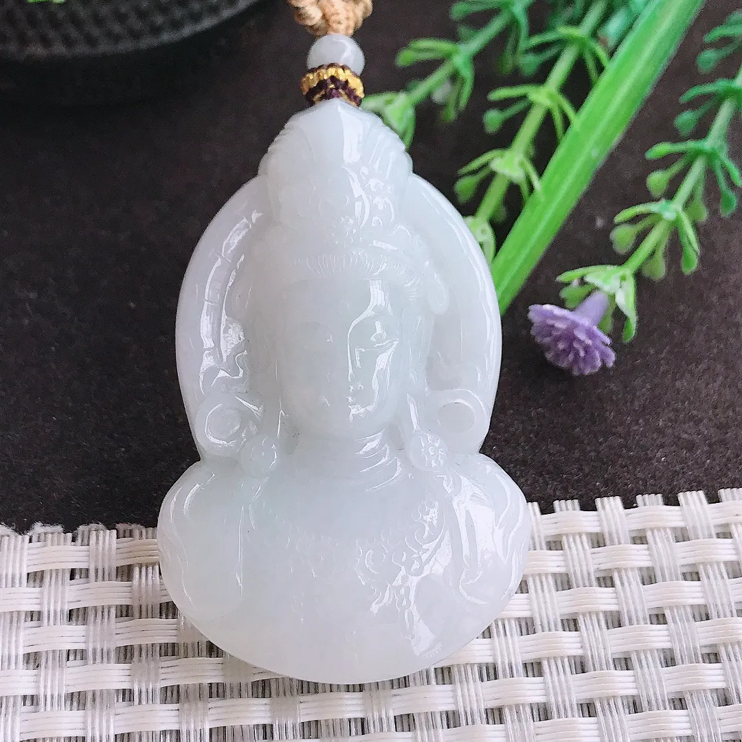 实拍A货翡翠51.8/33.8/10.5老坑秀气温润观音头吊坠翡翠玉牌挂件