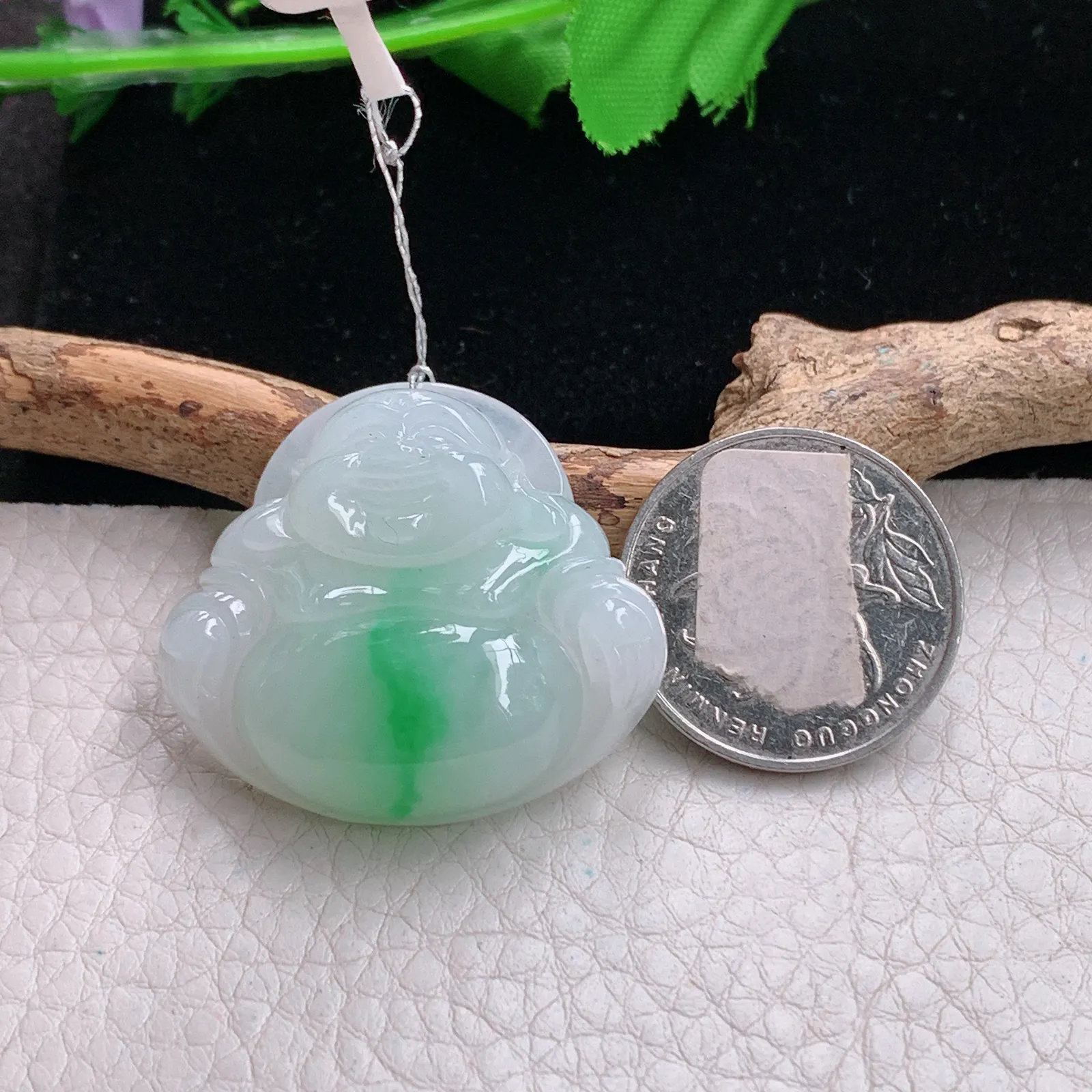 qxm实拍32*36*9.9缅甸翡翠精雕冰胶白底青佛公 开心佛玉吊坠 玉挂件