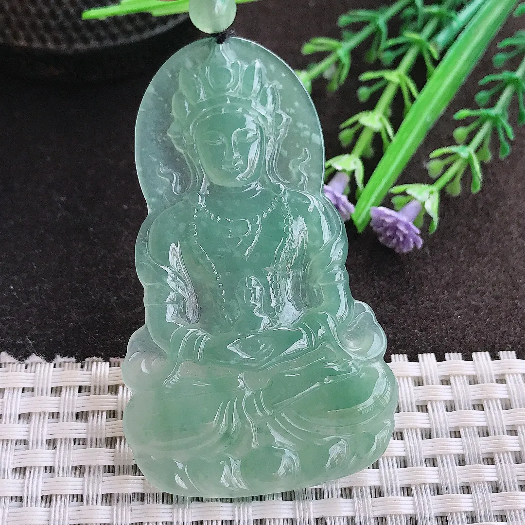 实拍A货翡翠64.5/38.6/4老坑冰润起胶蓝韵度母菩萨吊坠翡翠玉牌挂件
