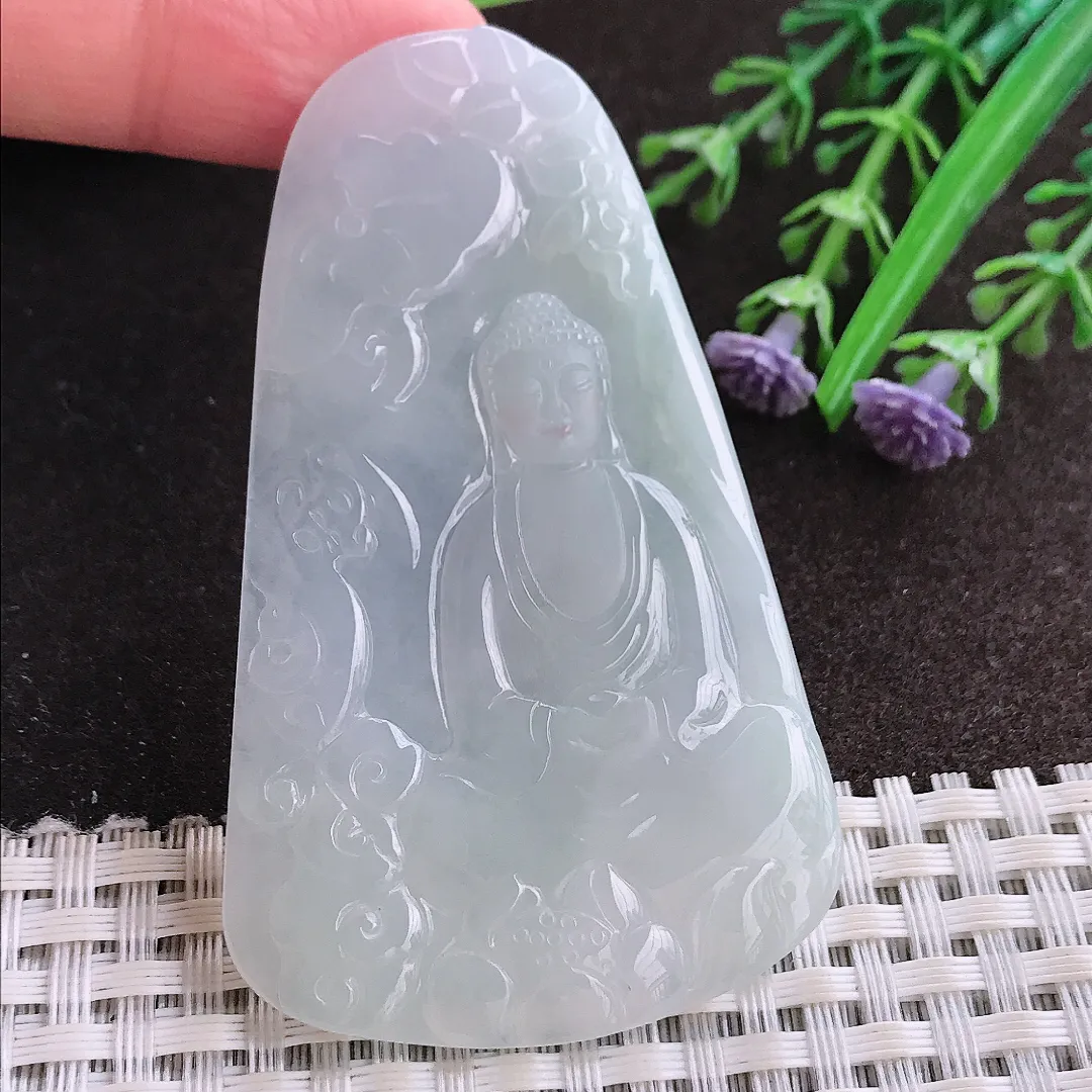 实拍A货翡翠68.5/41.8/4.8老坑冰润起胶大日如来佛祖吊坠翡翠玉牌挂件