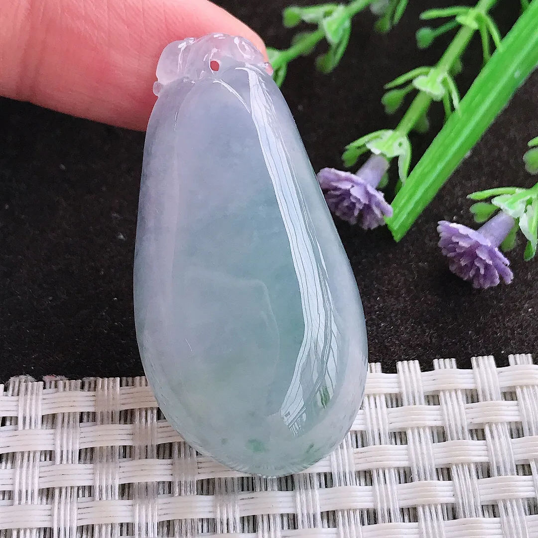 实拍A货翡翠46.4/23.8/9老坑冰胶果冻淡紫色福瓜吊坠翡翠玉牌挂件