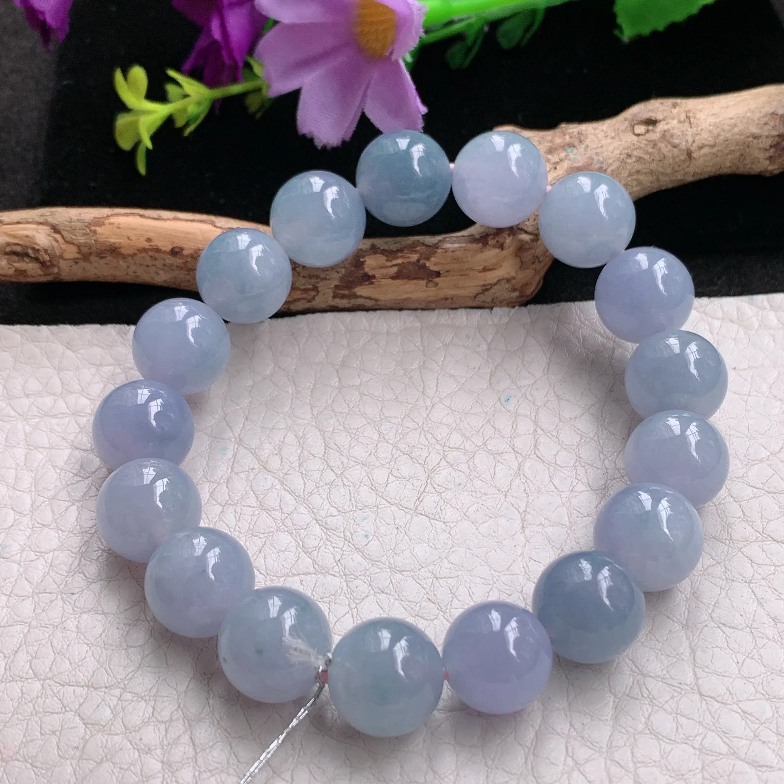 qxm实拍11.6mm缅甸翡翠精雕冰紫高雅圆珠玉手链 玉手串