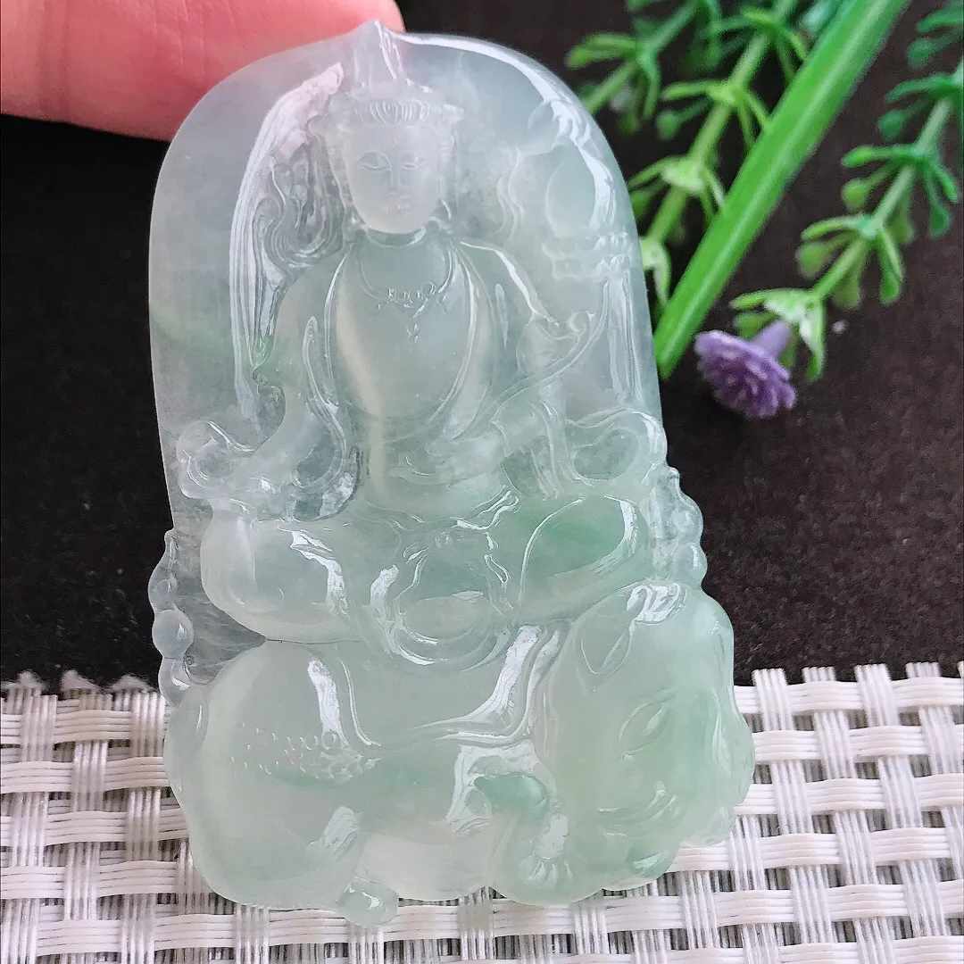 实拍A货翡翠64/42.5/6老坑冰胶果冻冰晴绿普贤菩萨吊坠翡翠玉观音挂件