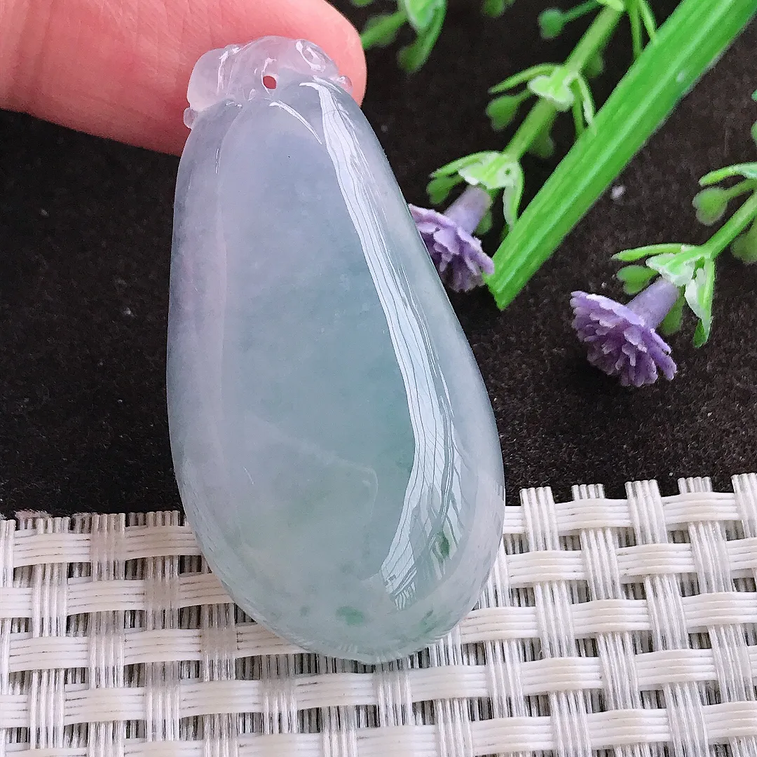 实拍A货翡翠46.4/23.8/9老坑冰胶果冻淡紫色福瓜吊坠翡翠玉牌挂件