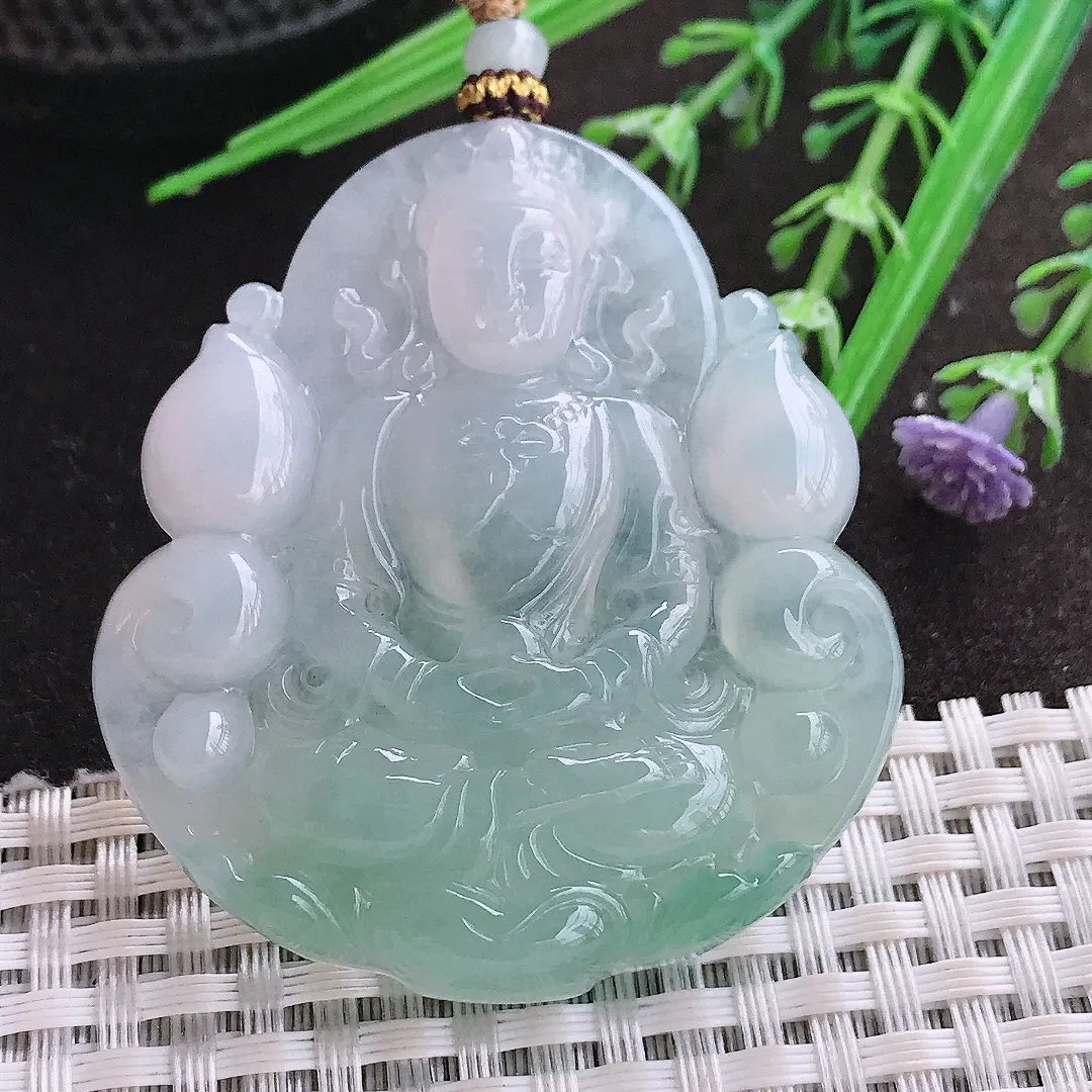 实拍A货翡翠53/48.6/6.8老坑冰胶水灵冰晴绿赐福观音吊坠翡翠玉观音挂件