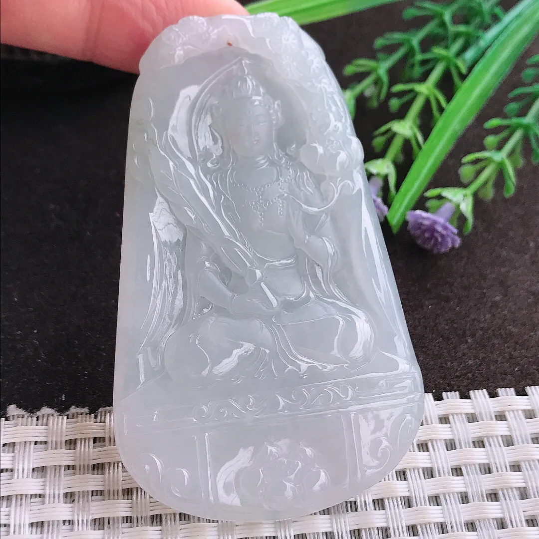 实拍A货翡翠73/45.9/5.6老坑冰润起胶白净虚空藏菩萨吊坠翡翠玉牌挂件