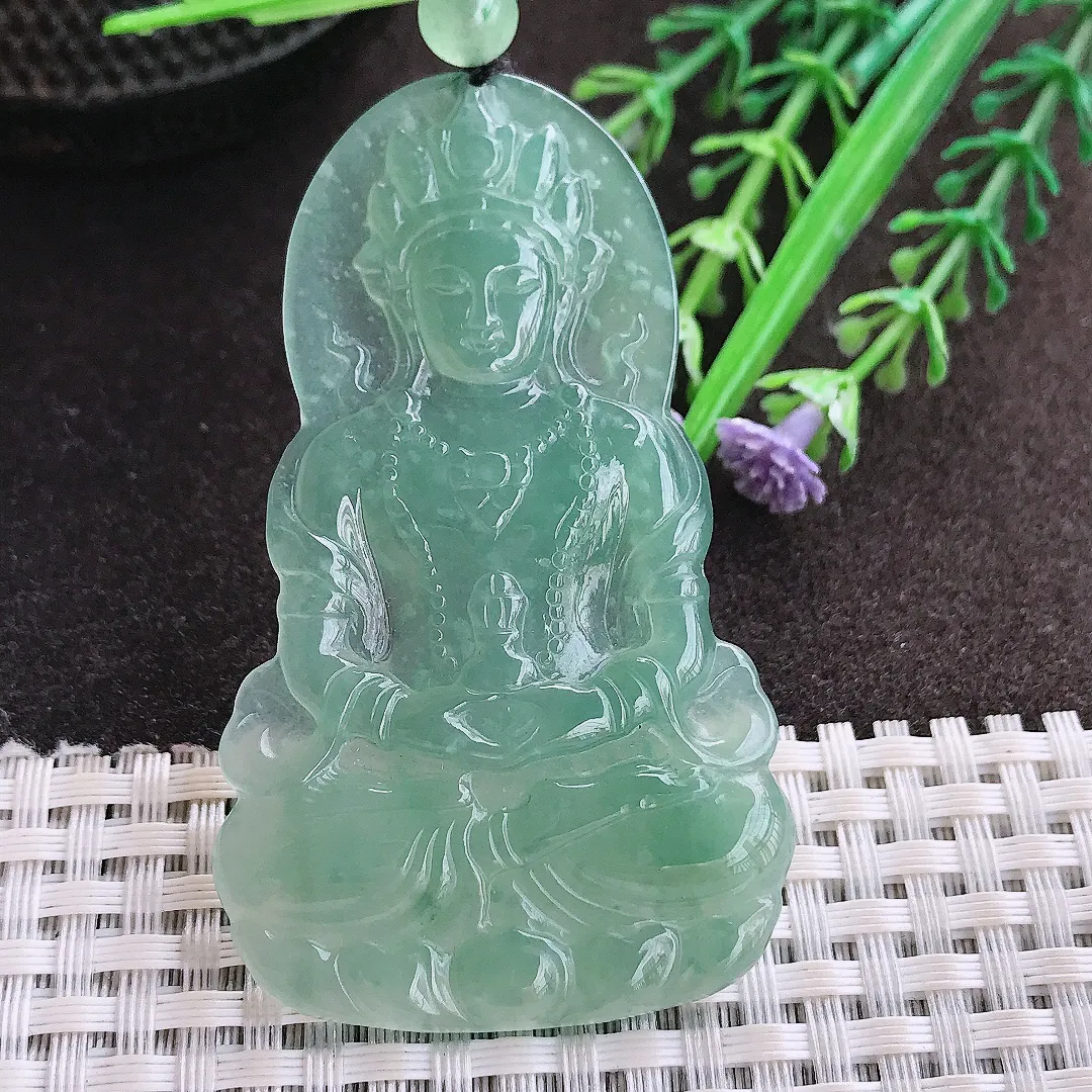 实拍A货翡翠64.5/38.6/4老坑冰润起胶蓝韵度母菩萨吊坠翡翠玉牌挂件