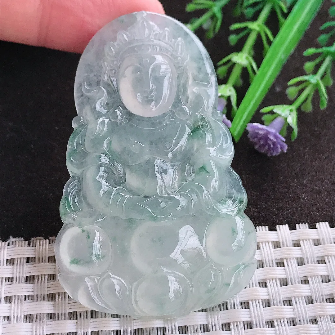实拍A货翡翠60.8/39/6.6老坑冰种果冻胶飘花渡母菩萨吊坠翡翠玉观音挂件