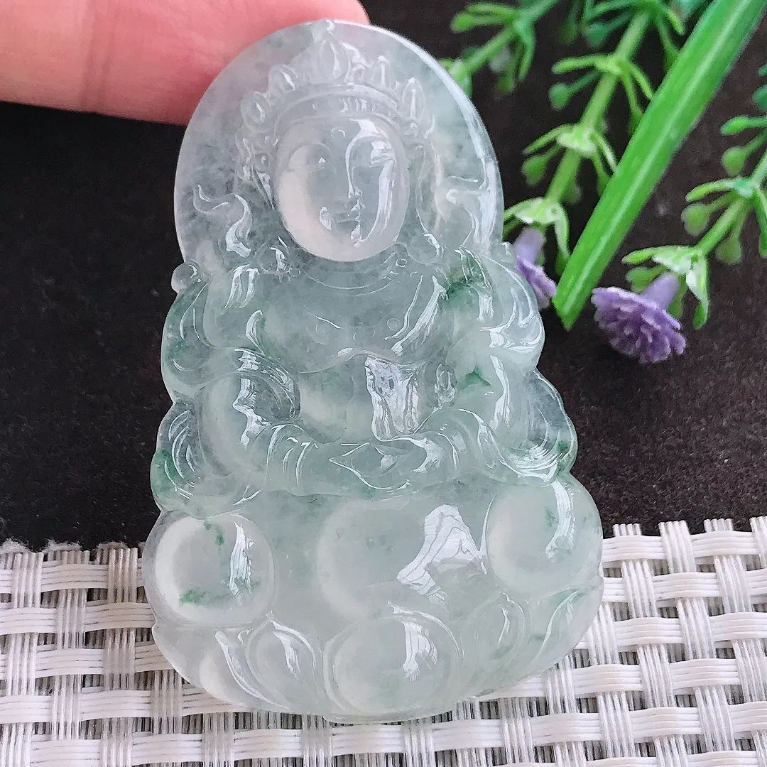 实拍A货翡翠60.8/39/6.6老坑冰种果冻胶飘花渡母菩萨吊坠翡翠玉观音挂件