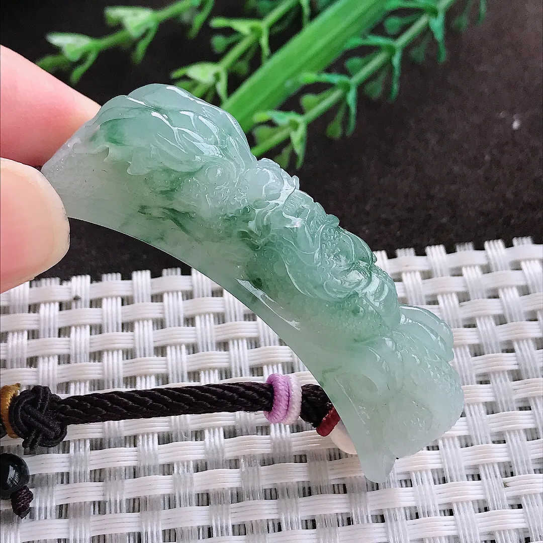 实拍A货翡翠55/11.7/14.5老坑冰润起胶飘花望子成龙手牌吊坠翡翠玉牌