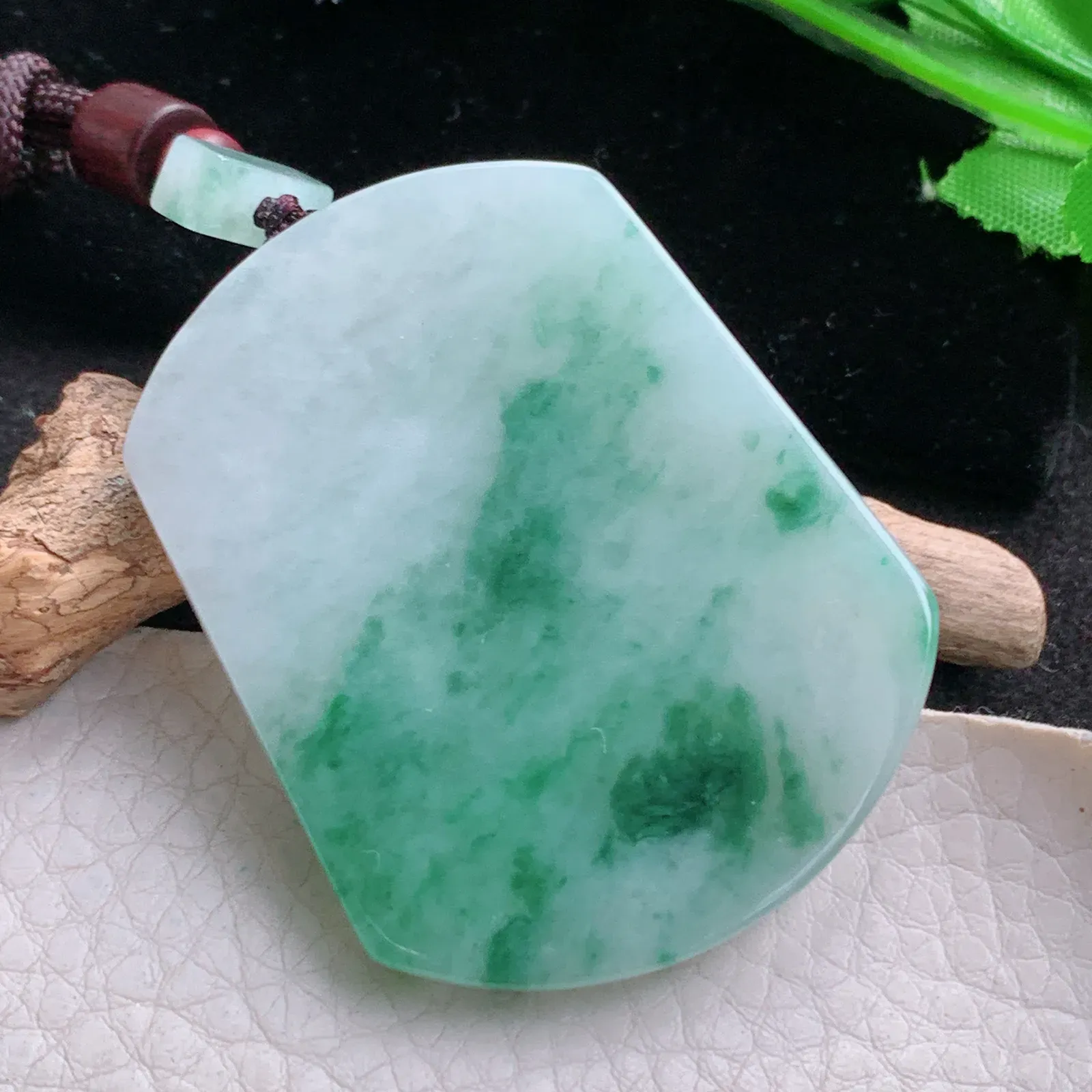 zen自然光54*43*5.8天然缅甸翡翠冰飘绿花平安无事牌 素面牌玉吊坠 玉挂