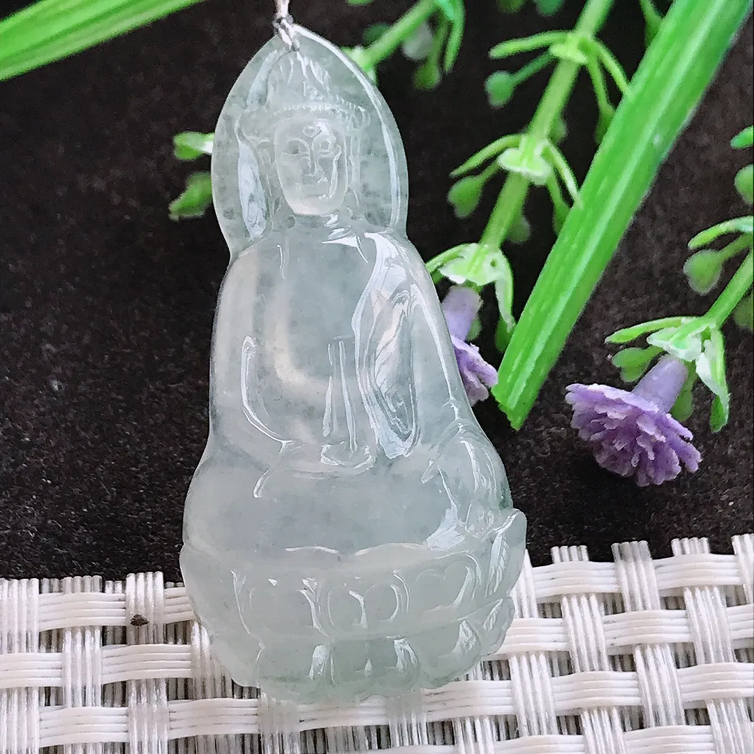 实拍A货翡翠44/22.5/5.5老坑冰种起胶冰晴素衣观音吊坠翡翠玉牌挂件