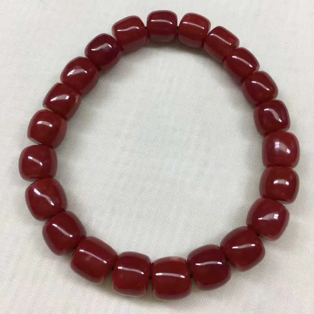 【天然日本阿卡牛血红珊瑚8.5mm老型大桶珠弹力单圈手串】天然无添加无修补，日本产地，阿卡材料，牛血