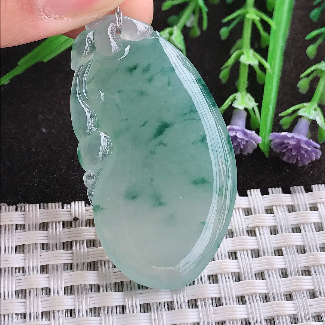 实拍A货翡翠47.5/26/6.4老坑冰胶果冻冰飘花福瓜吊坠翡翠玉牌挂件