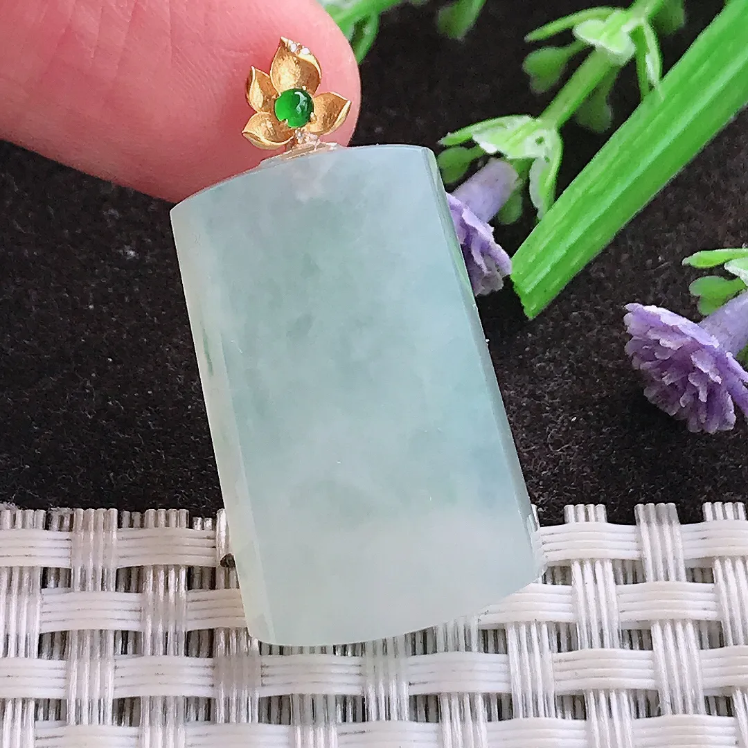 实拍A货翡翠27.5/17.5/4.4老坑18k金镶嵌冰润无事牌吊坠翡翠玉牌挂件