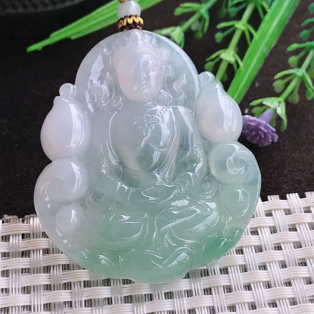 实拍A货翡翠53/48.6/6.8老坑冰胶水灵冰晴绿赐福观音吊坠翡翠玉观音挂件