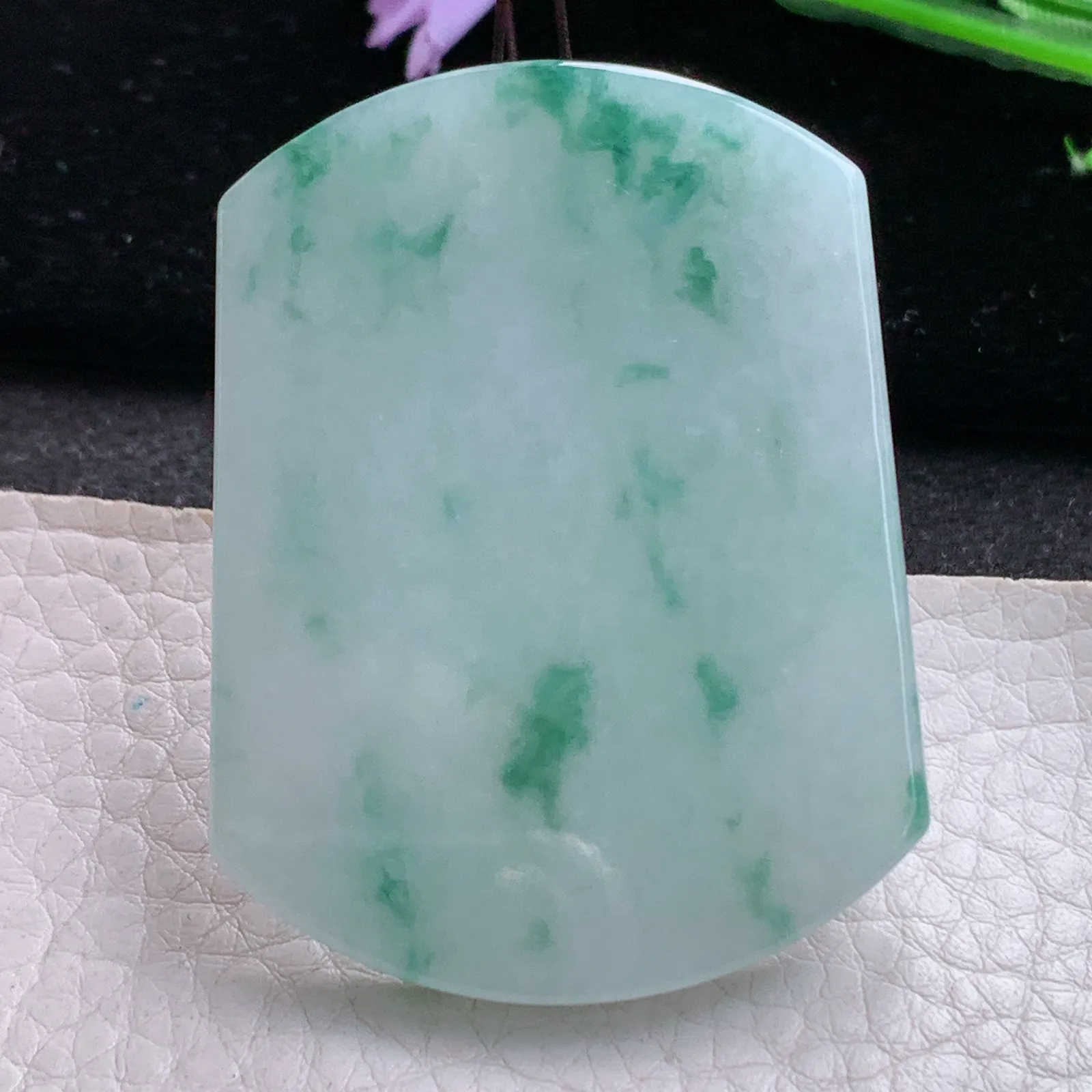 zen自然光55*41.3*5.8天然缅甸翡翠冰飘花平安无事牌 素面牌玉吊坠 玉挂件