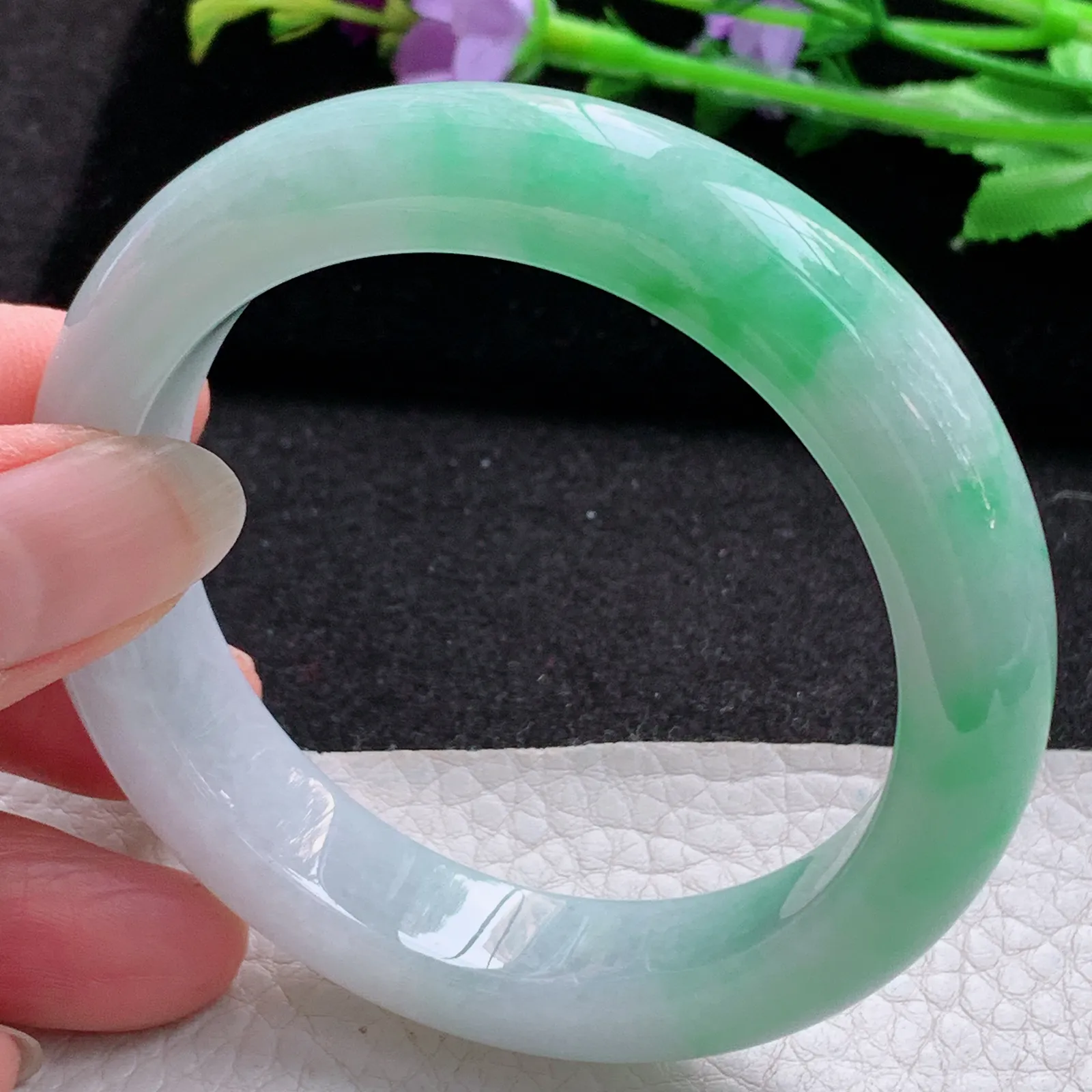 hf实拍56*12.8*9.2平安镯 缅甸翡翠a货玉手镯飘绿厚装宽边玉手环