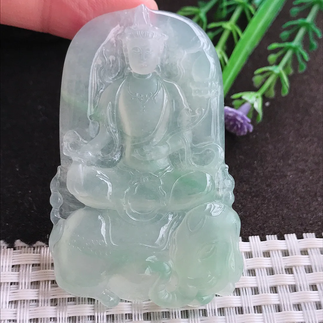 实拍A货翡翠64/42.5/6老坑冰胶果冻冰晴绿普贤菩萨吊坠翡翠玉观音挂件