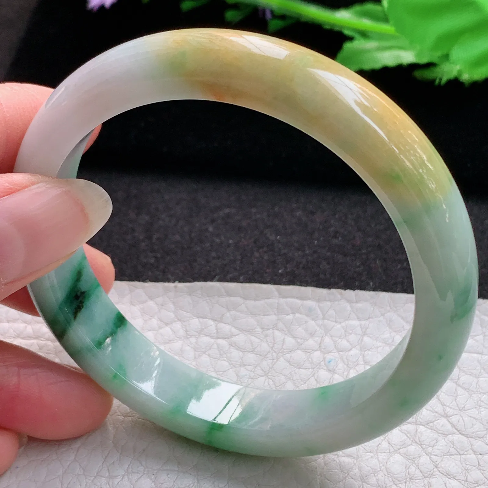 h实拍57.5*11.8*7.8平安镯 缅甸翡翠a货玉手镯胶感三彩宽边玉手环