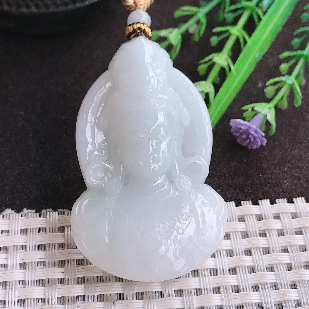 实拍A货翡翠51.8/33.8/10.5老坑秀气温润观音头吊坠翡翠玉牌挂件