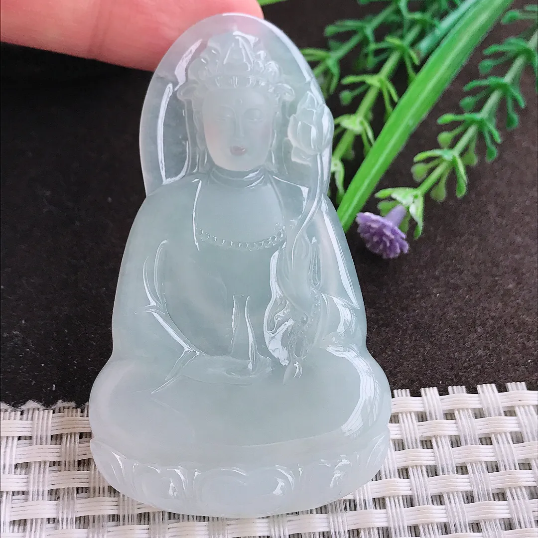 实拍A货翡翠70/42.3/6老坑冰胶果冻冰晴持莲观音吊坠翡翠大势至菩萨挂件
