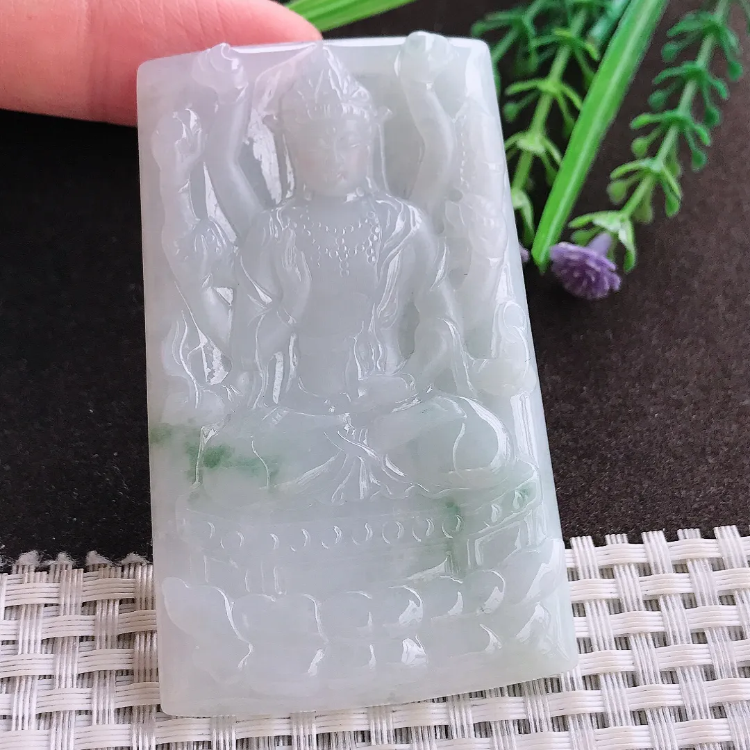 实拍A货翡翠70.5/44/5.8老坑冰润飘花千手观音吊坠翡翠玉牌挂件