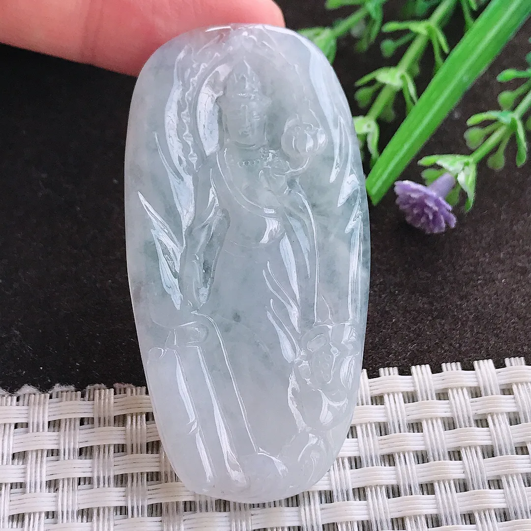 实拍A货翡翠60/30.5/5老坑冰润起胶赐福观音吊坠翡翠玉牌挂件