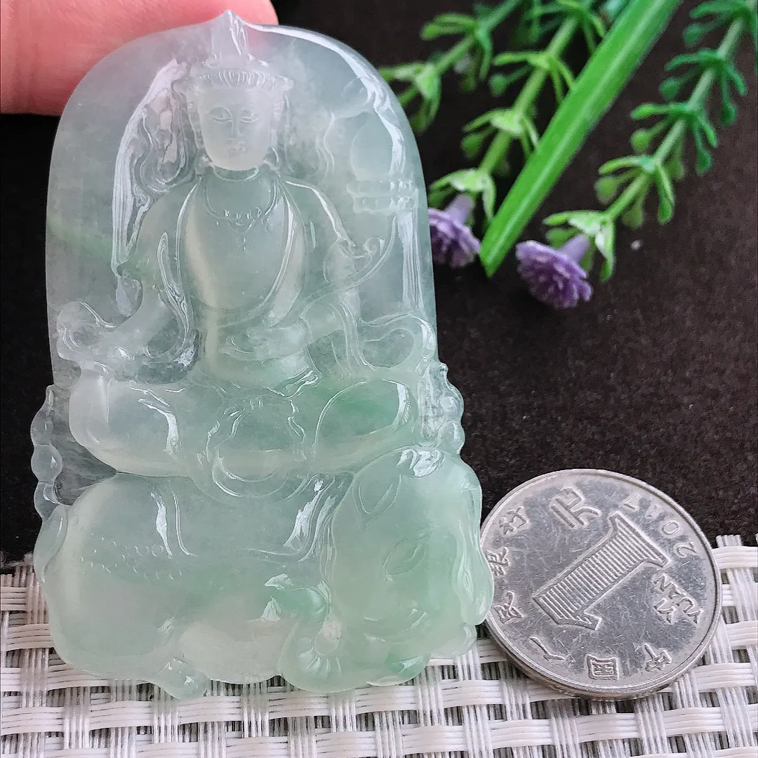 实拍A货翡翠64/42.5/6老坑冰胶果冻冰晴绿普贤菩萨吊坠翡翠玉观音挂件