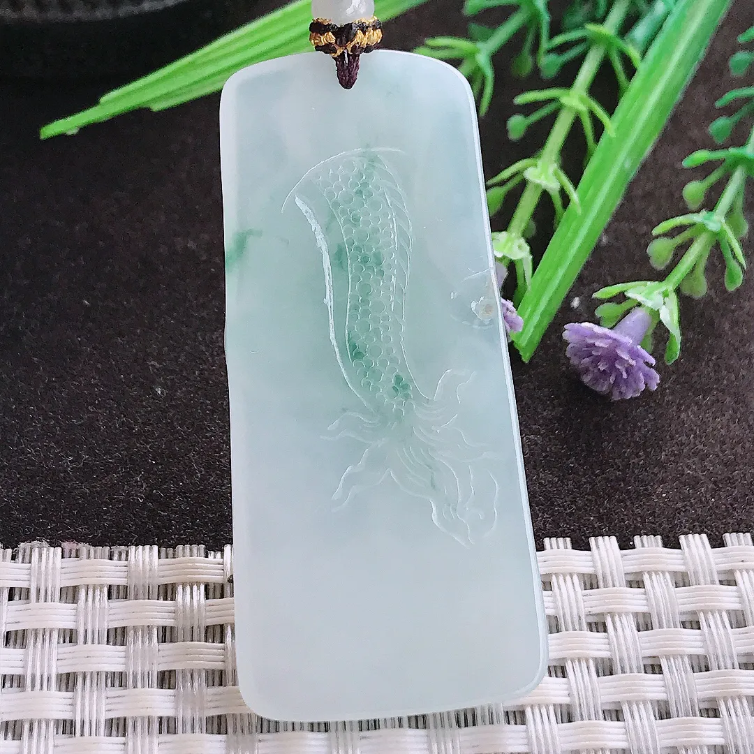 实拍A货翡翠56/25.7/5.3老坑冰胶果冻飘花御龙观音吊坠翡翠玉牌挂件