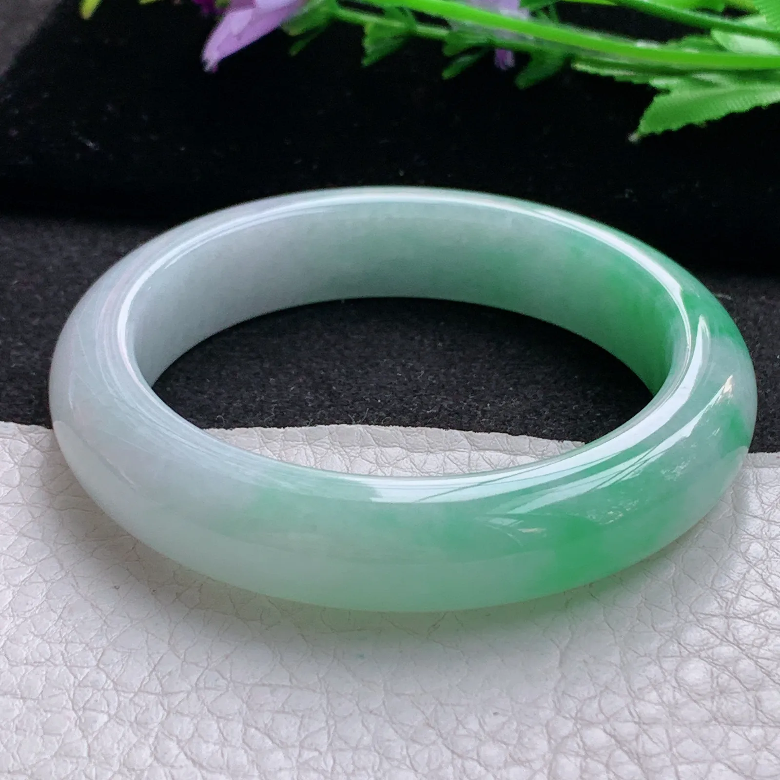 hf实拍56*12.8*9.2平安镯 缅甸翡翠a货玉手镯飘绿厚装宽边玉手环